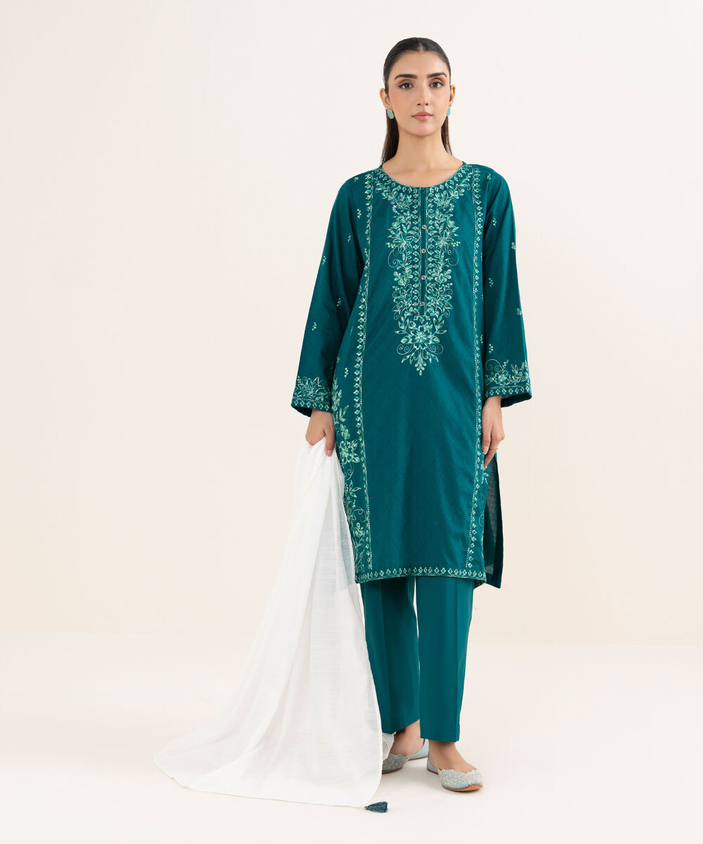 Women's RTW Cotton Embroidered Teal Straight Shirt