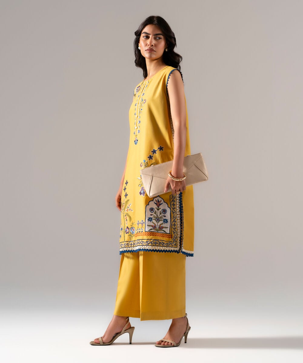 Women's RTW Solid Embroidered Yellow Cotton Viscose Shirt
