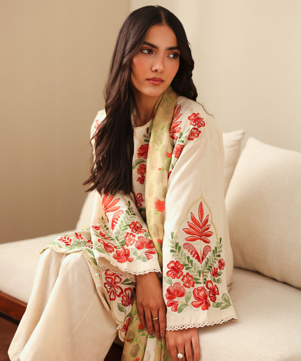 Women's RTW Self Jacquard Embroidered Multi Drop Shoulder Shirt