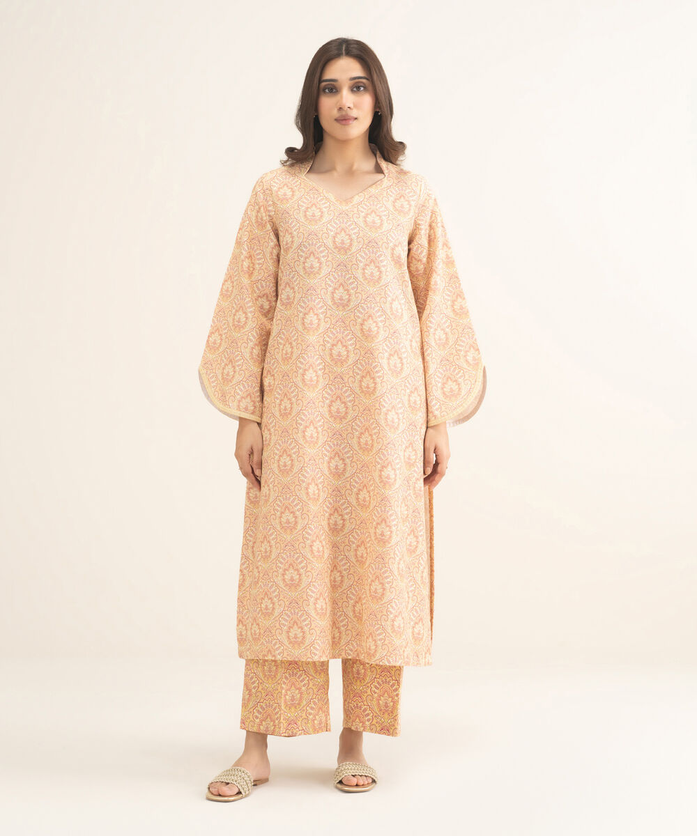 Women's Two Piece Light Peach Cross Hatch Viscose Printed Suit