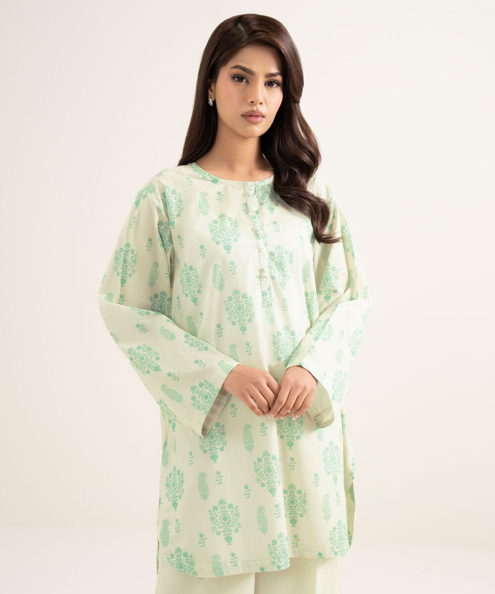 Women's RTW Lawn Printed Green Straight Shirt