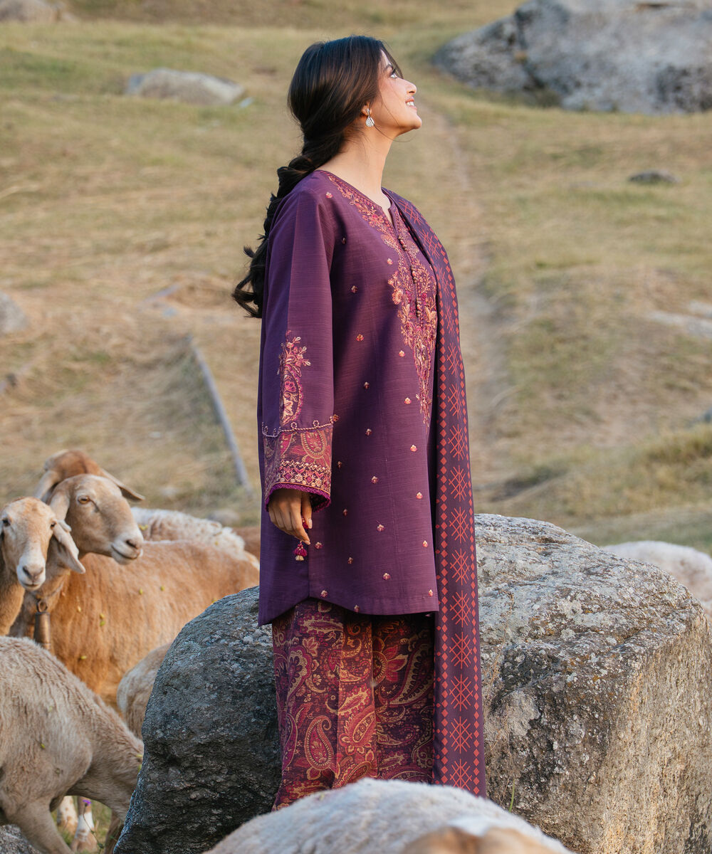 Women's Unstitched Embroidered Khaddar Plum 3 Piece Suit