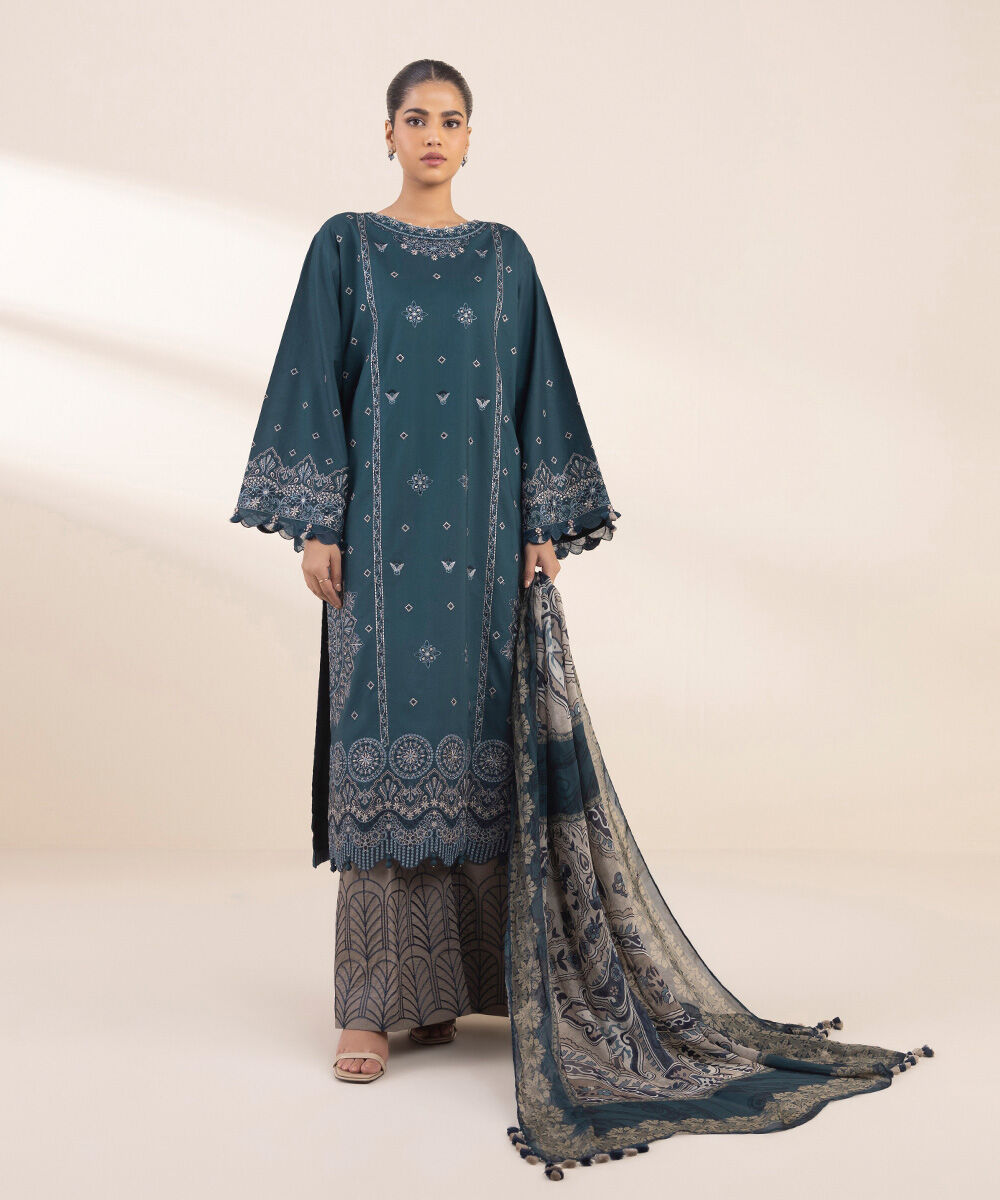 Women's Unstitched Blue Cotton 3 Piece Suit