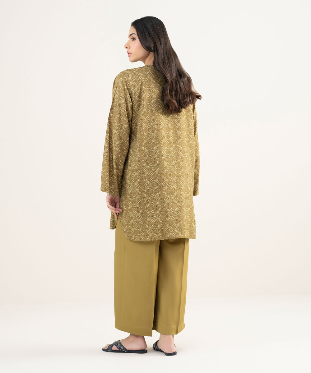 Women's RTW Arabic Cambric Embroidered Olive Green Straight Shirt