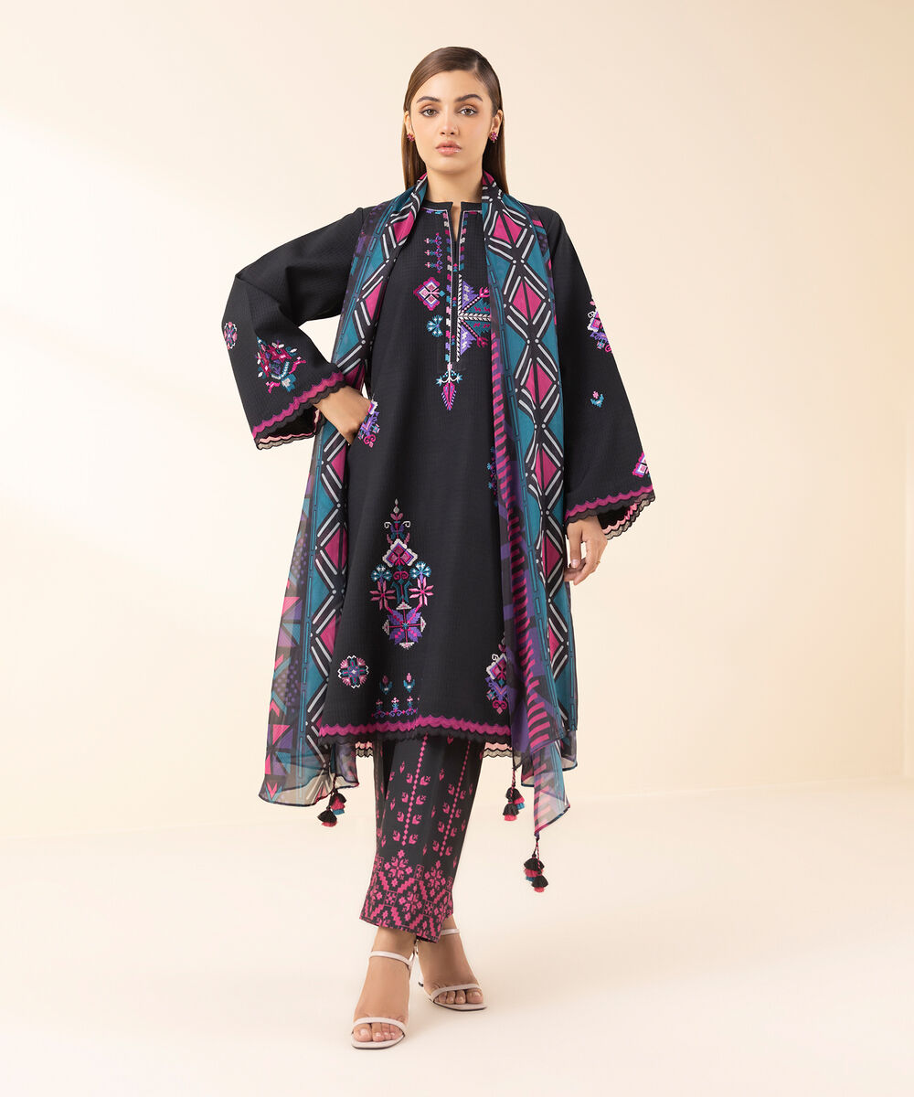 Women's Unstitched Dobby Embroidered Black 3 Piece Suit