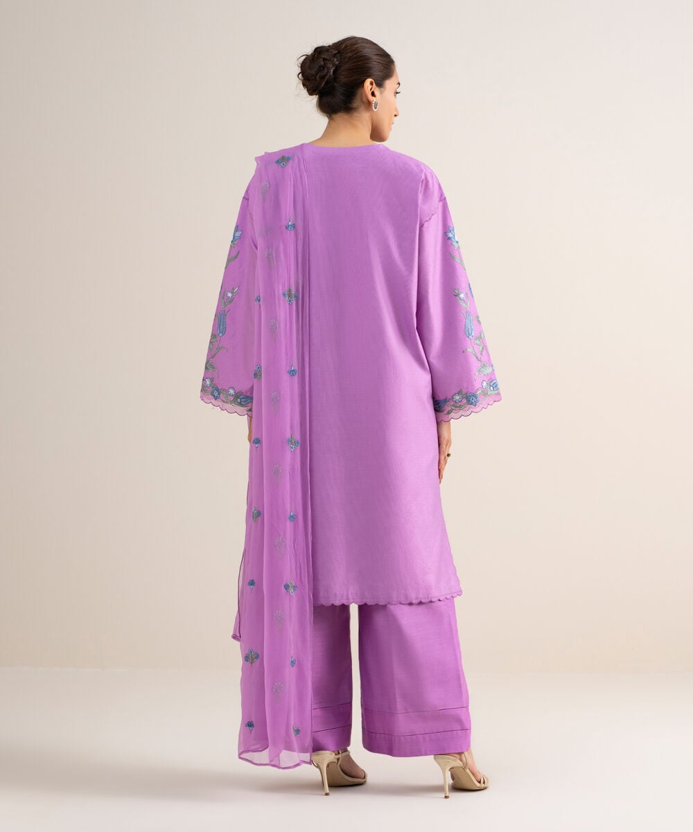 Women's Unstitched Cotton Net Embroidered Purple 3 Piece Suit