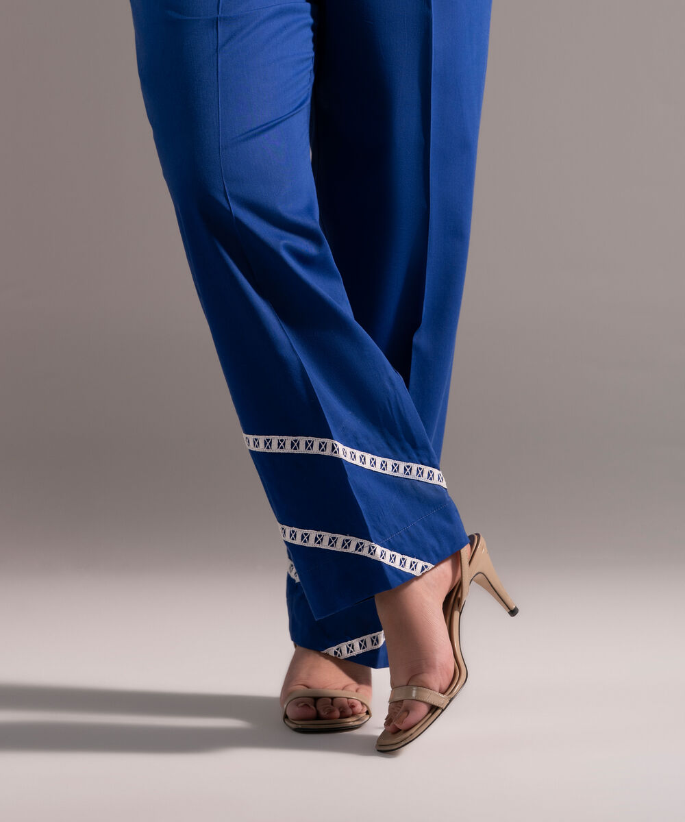 Women's RTW Cotton Viscose Solid Dark Blue Straight Pants