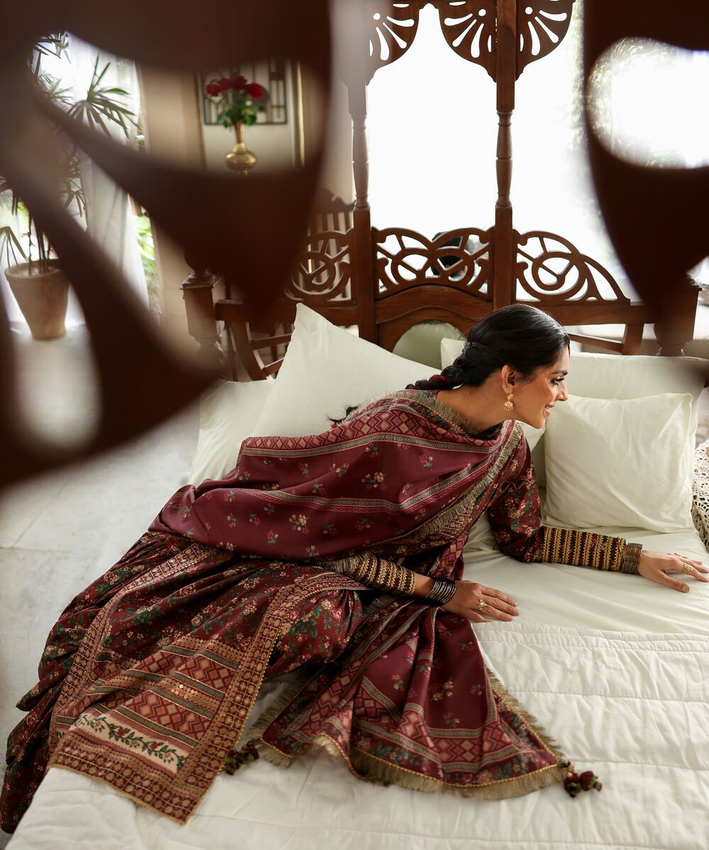 Women's Unstitched Lawn Embroidered Brown 3 Piece Suit