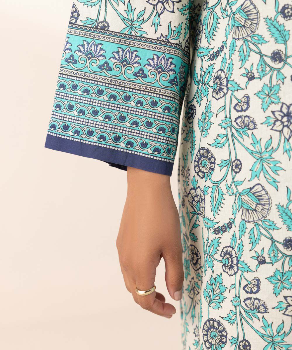 Women's Pret Yarn Dyed Blue Printed A-Line Shirt