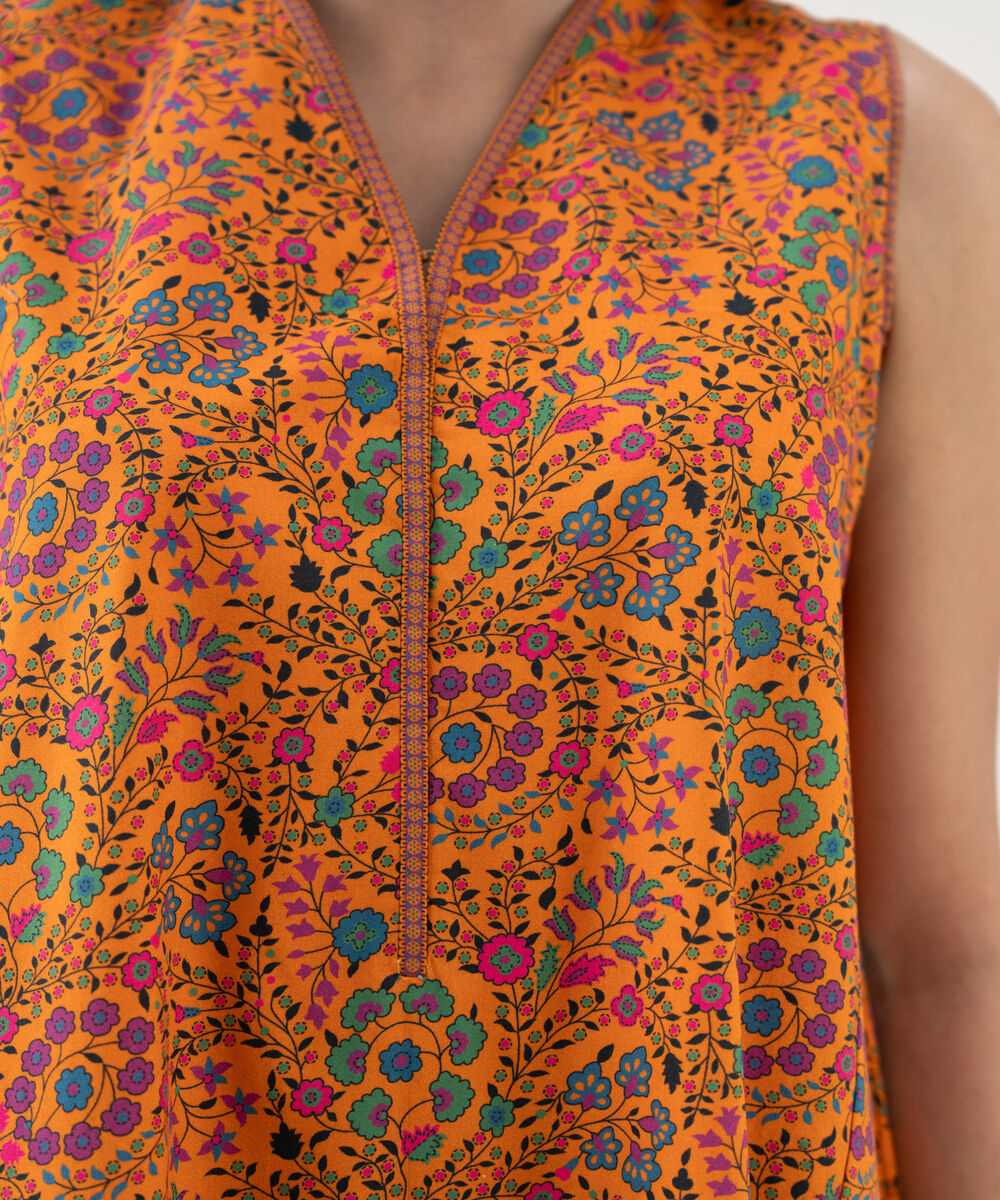 Women's Unstitched Cotton Printed Orange 2 Piece Suit