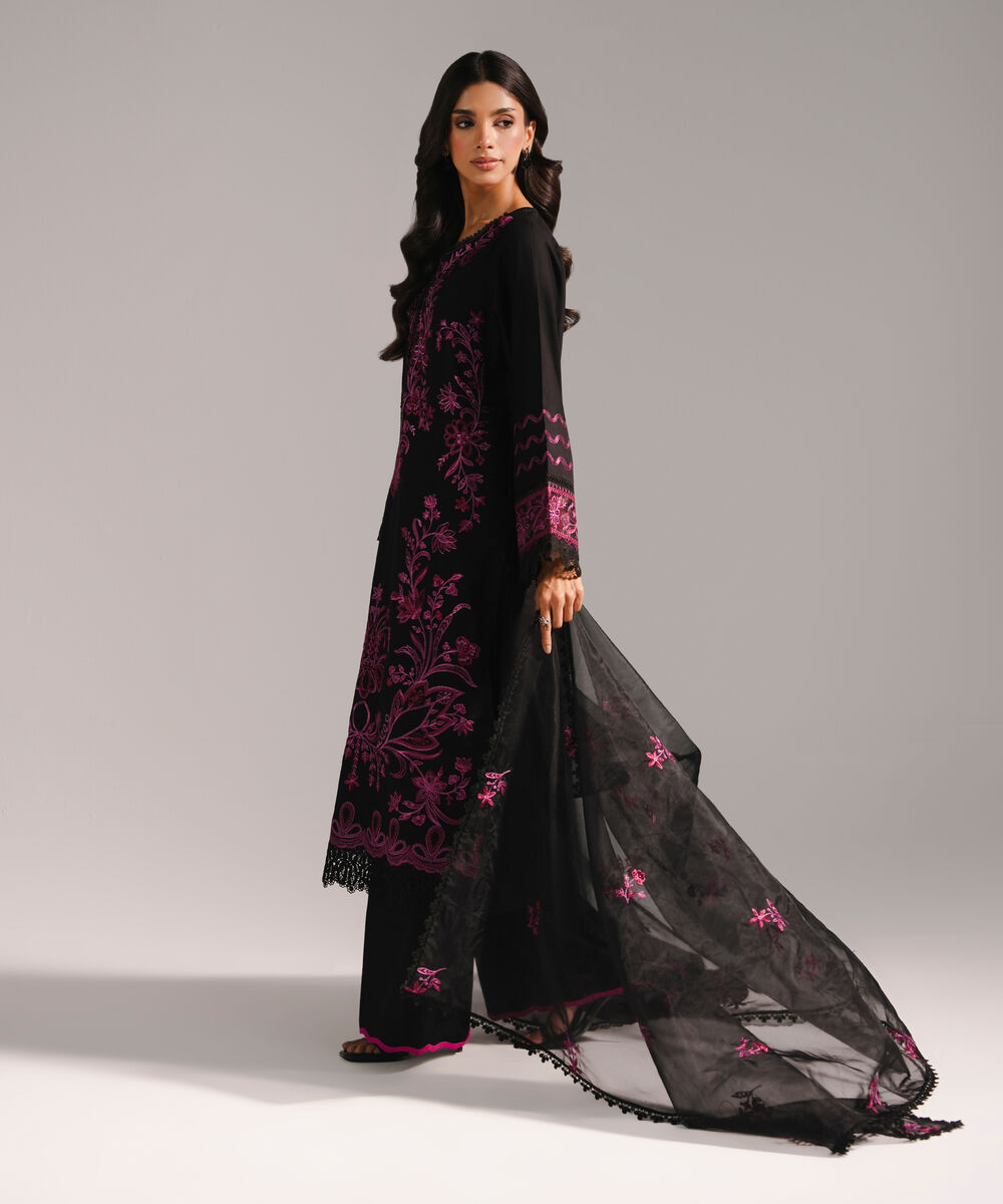 Women's RTW Cotton Satin Embroidered Black 3 Piece Suit