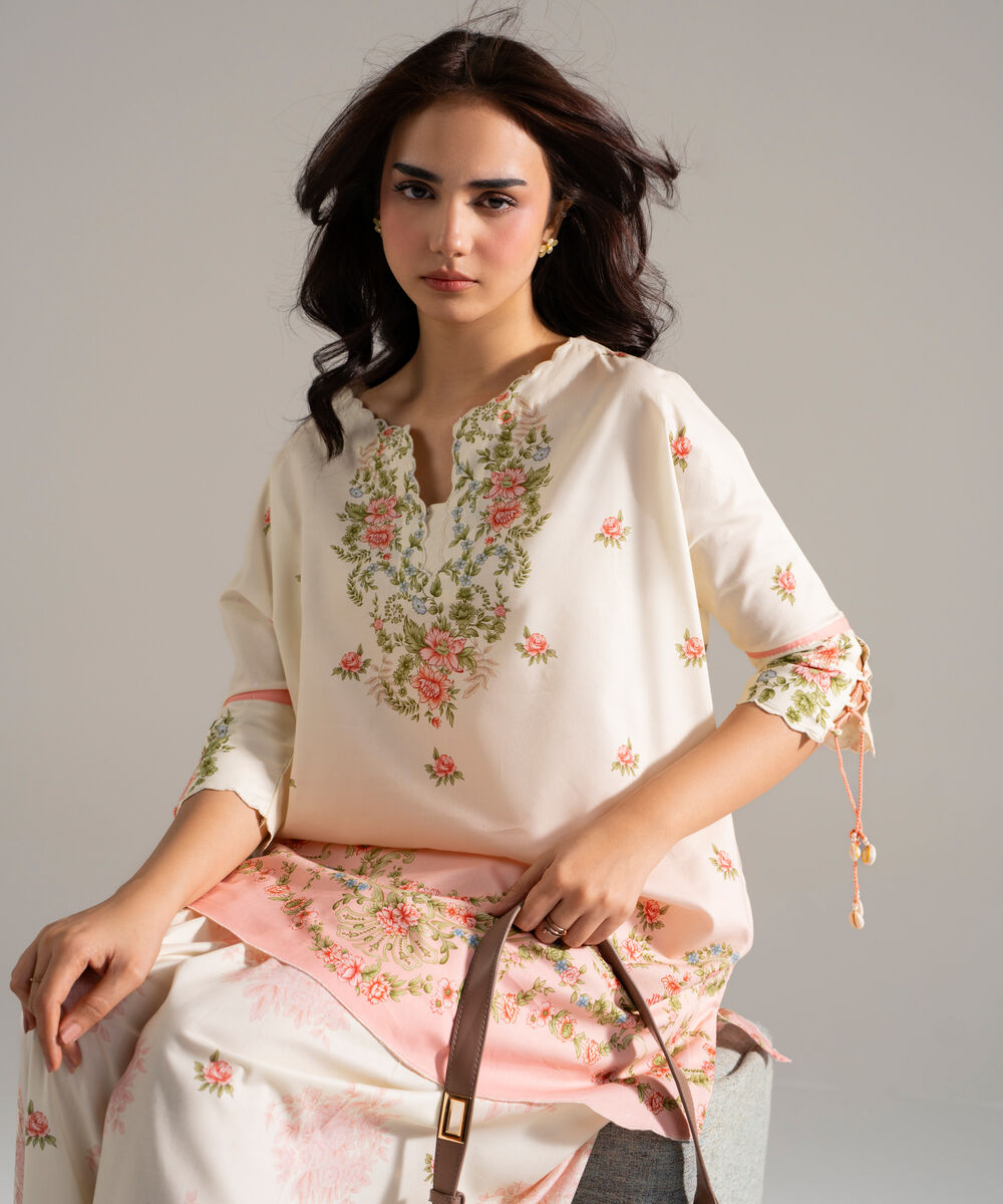 Women's RTW Cotton Viscose Printed Off White 2 Piece Suit