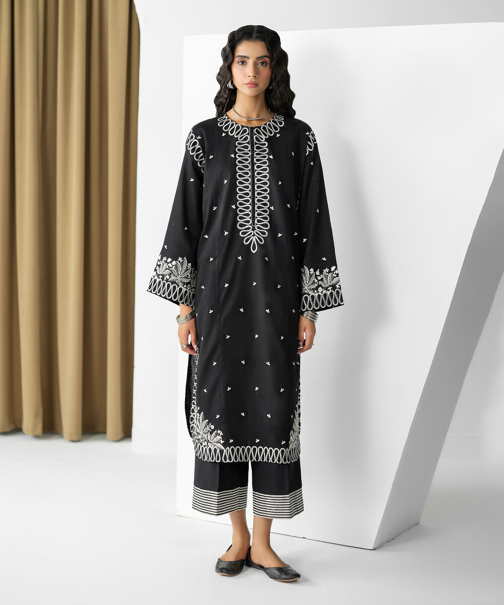 Women's RTW Dobby Black Embroidered Boxy Shirt