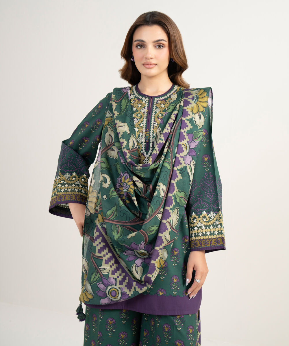 Women's Unstitched Lawn Embroidered Green 3 Piece Suit