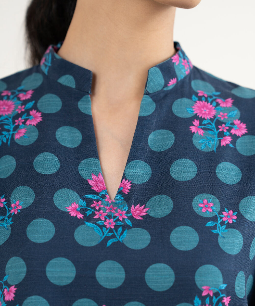 Women's Unstitched Printed Textured Cotton Midnight Blue & Teal 3 Piece Suit