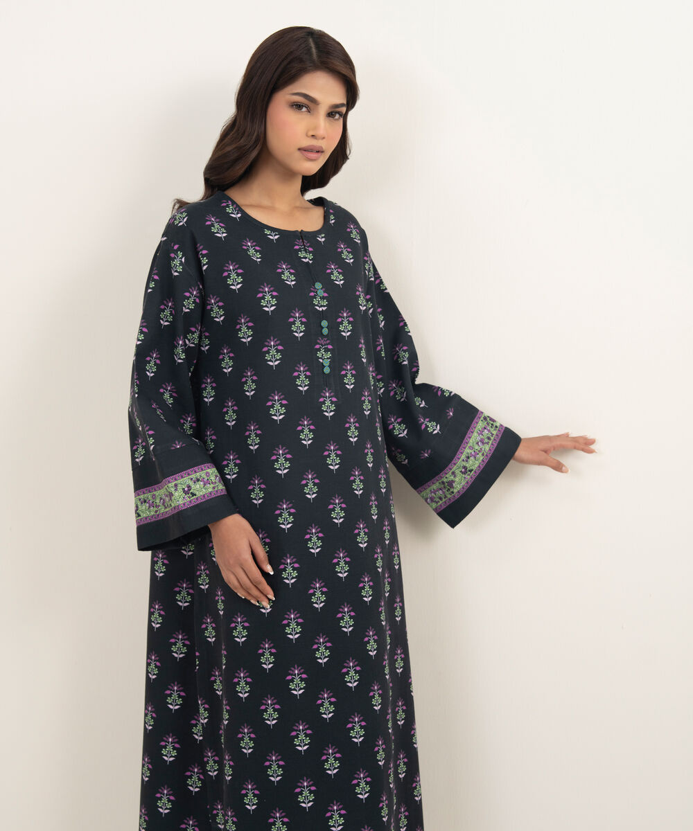 Women's Unstitched Arabic Khaddar Black  3 Piece Suit