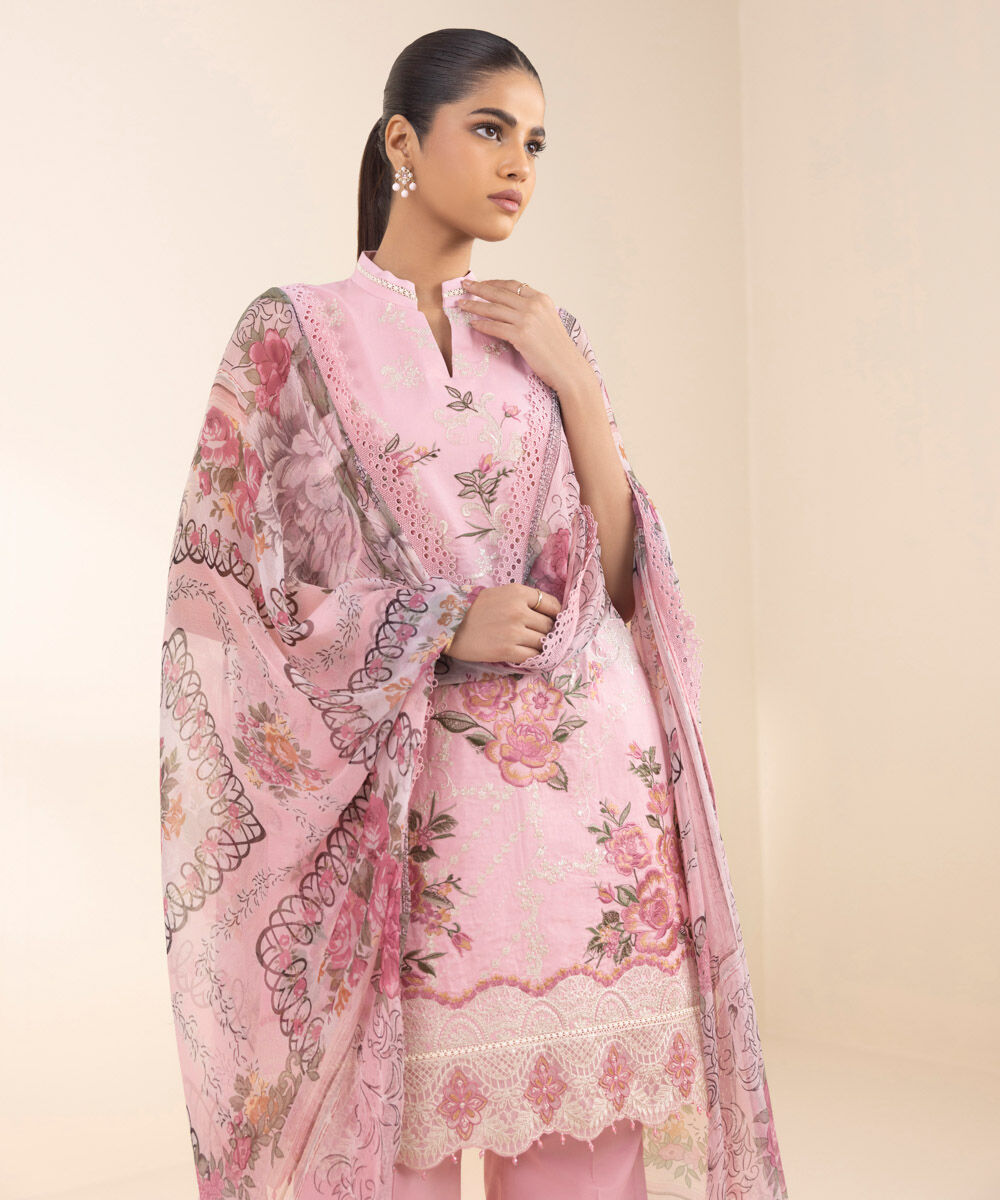 Women's Unstitched Embroidered Cotton Pink 3 Piece Suit