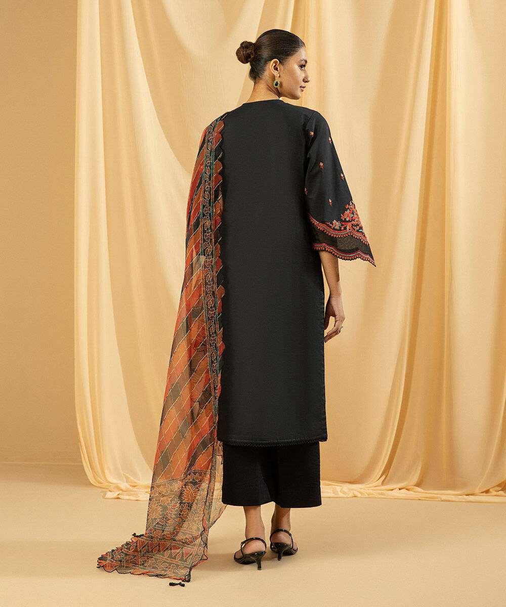 Women's Unstitched Raw Silk  Embroidered Black  3 Piece Suit