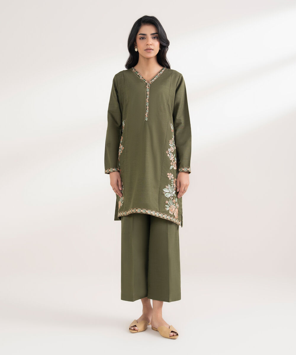 Women's RTW Light Khaddar Embroidered Green Straight Shirt