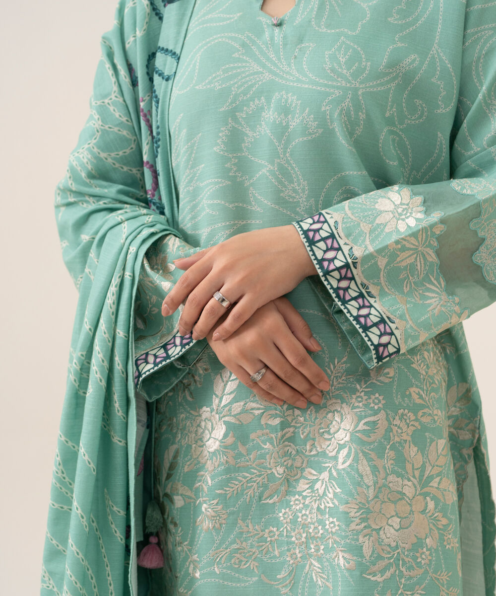 Women's Unstitched Lawn Embroidered Mint Green 3 Piece Suit