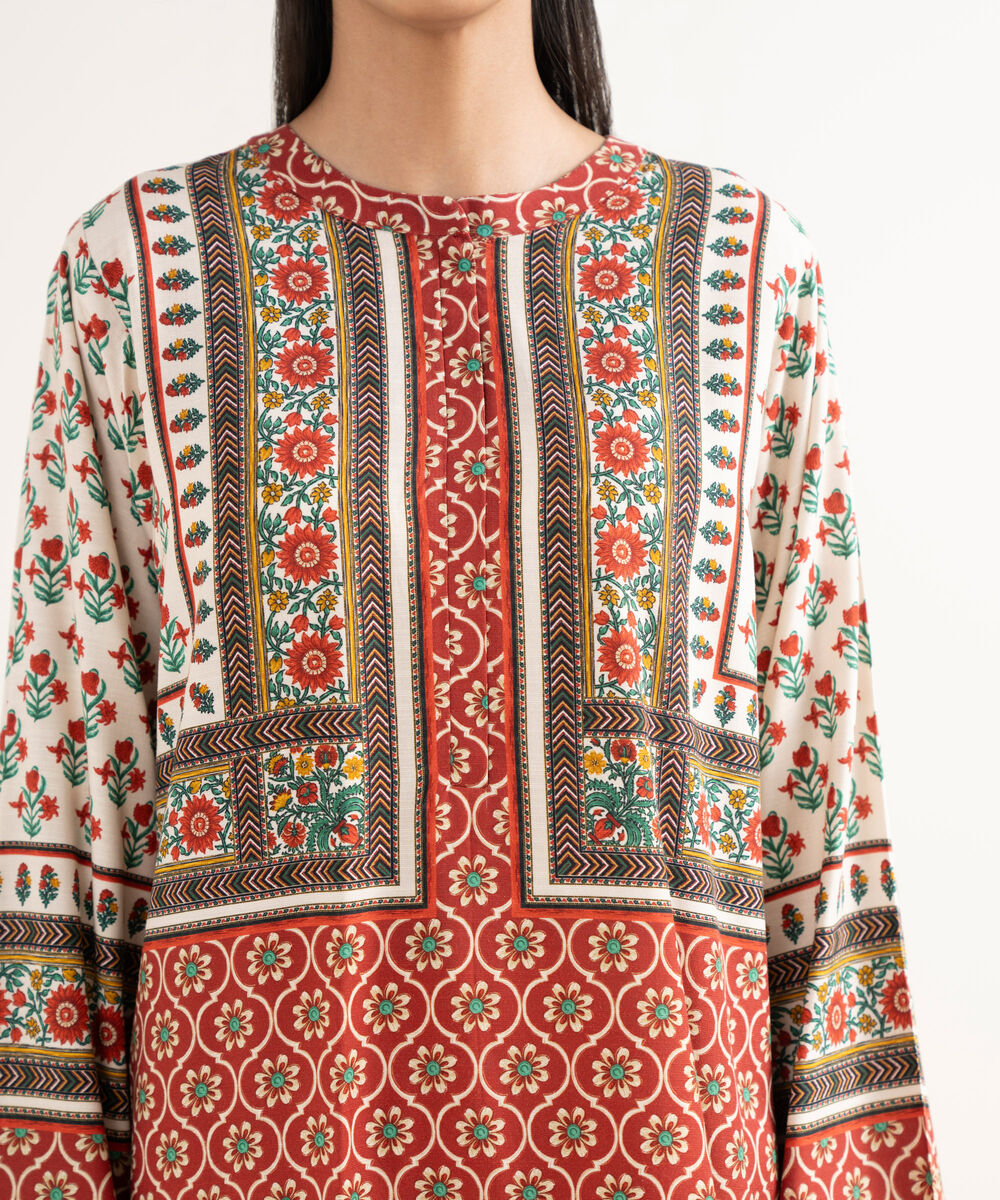 Women's RTW Textured Viscose Printed Boxy Red Shirt