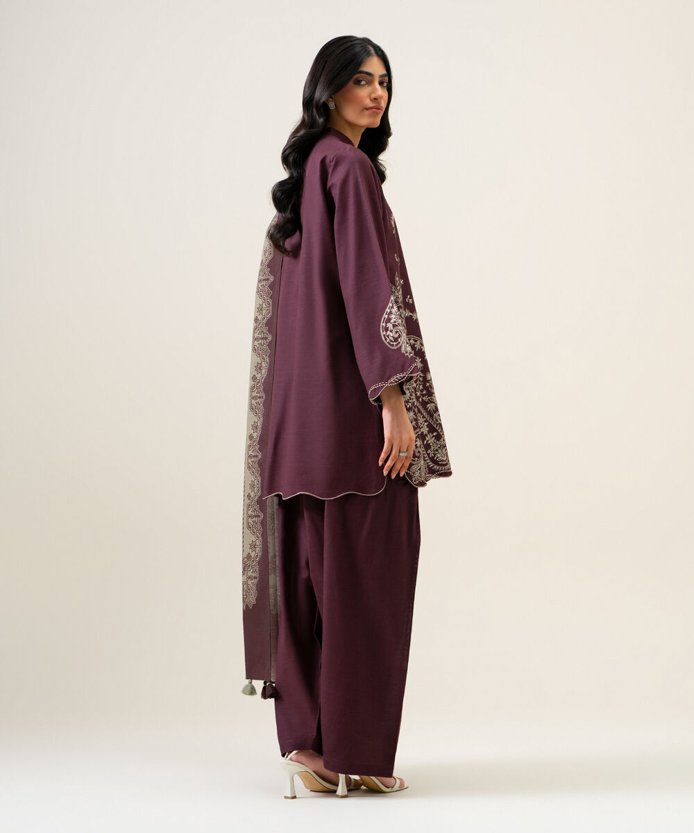 Womens Unstitched Light Khaddar Embroidered Plum 3 Piece Suit