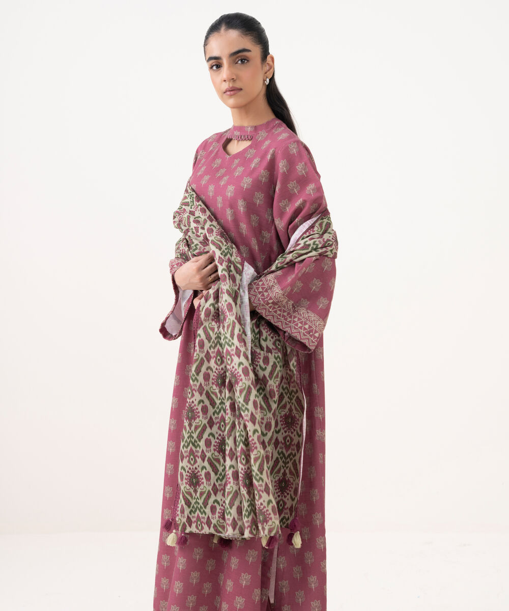 Women's Unstitched Khaddar Printed Pink 3 Piece Suit