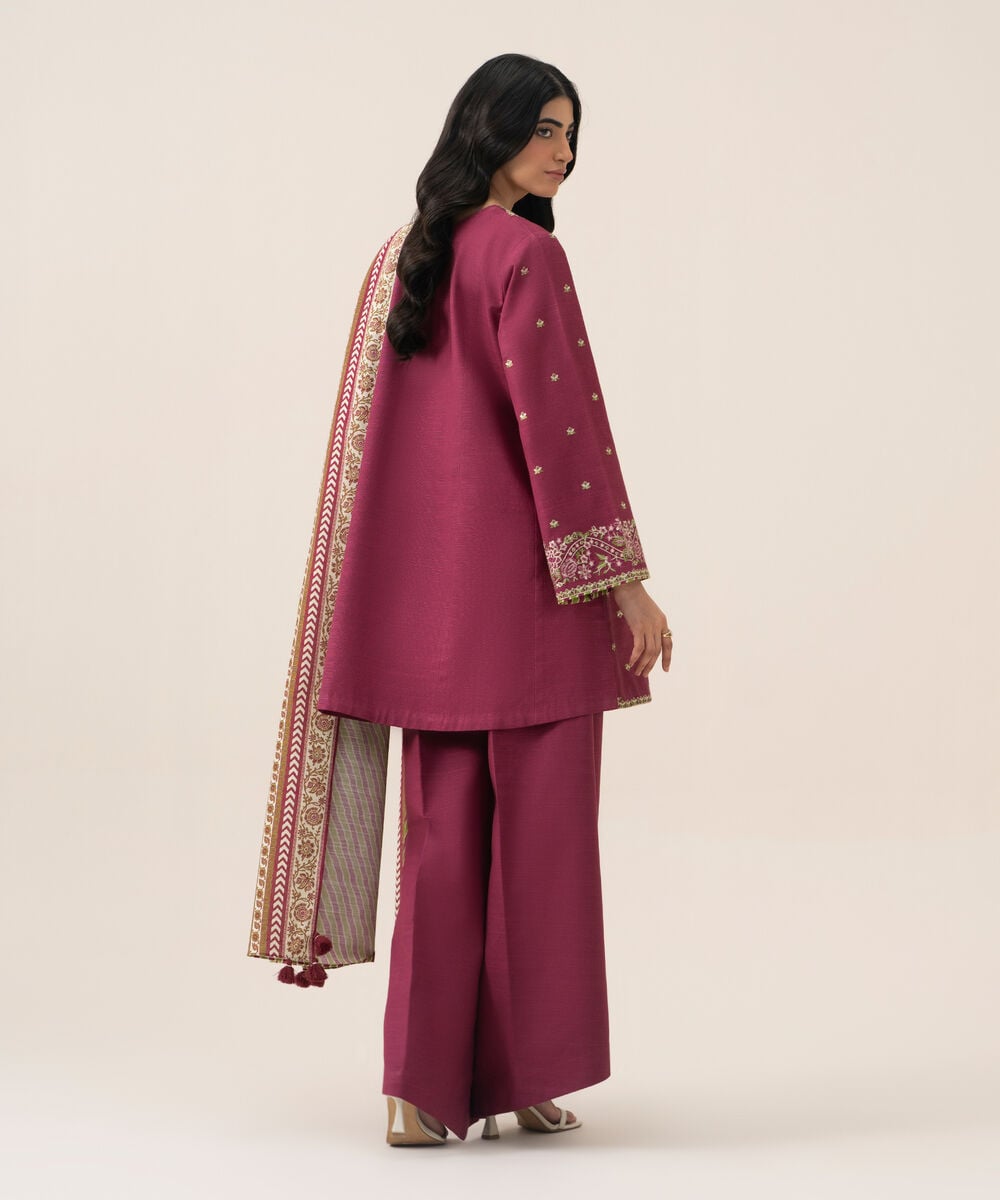 Women's Unstitched Cotton Embroidered Magenta 3 Piece Suit