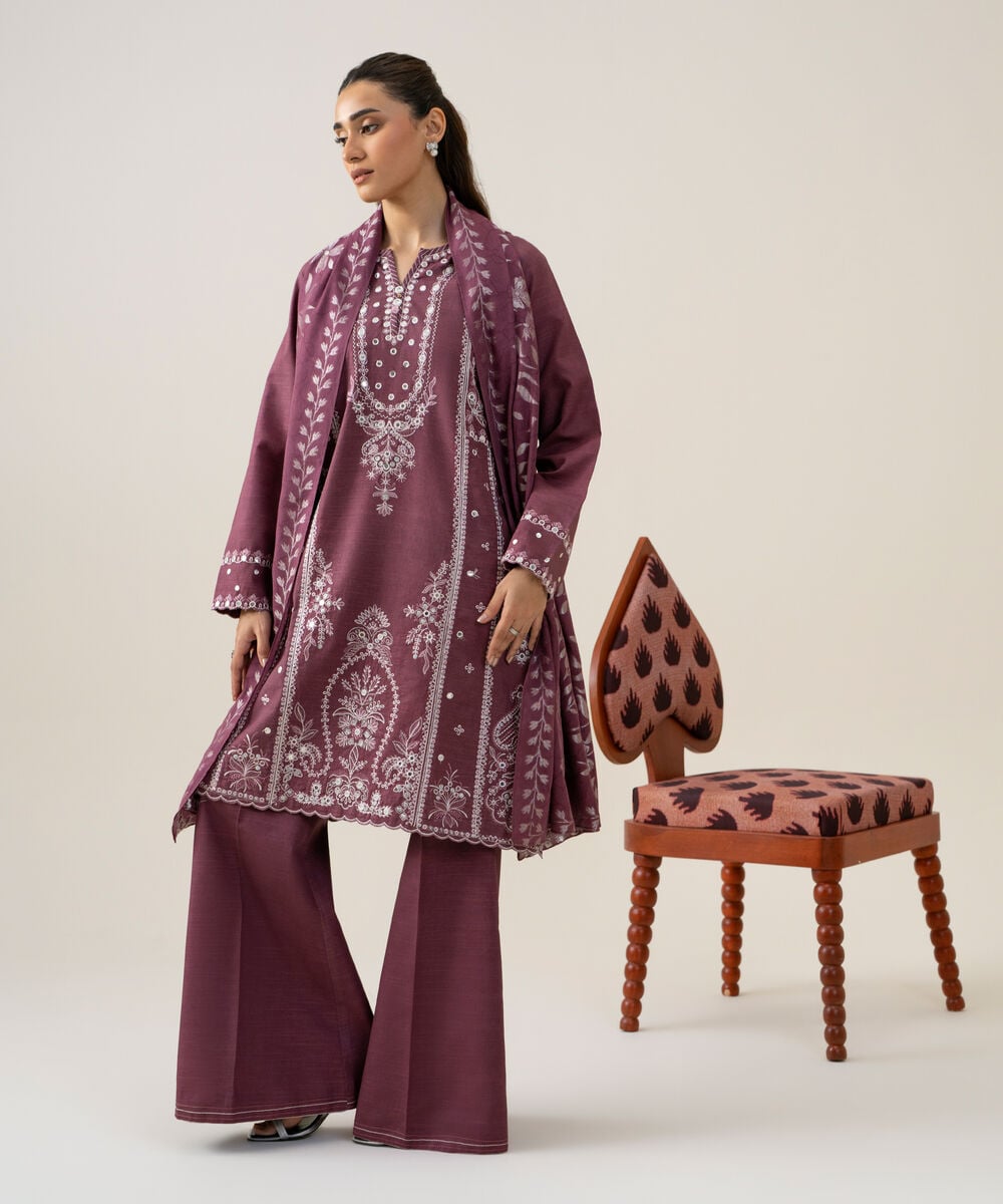 Women's Unstitched Light Khaddar Embroidered Purple 3 Piece Suit