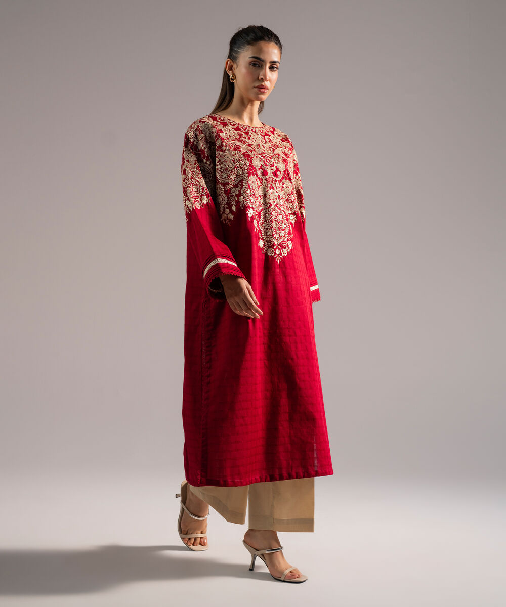 Women's RTW Dobby Embroidered Straight Red Shirt