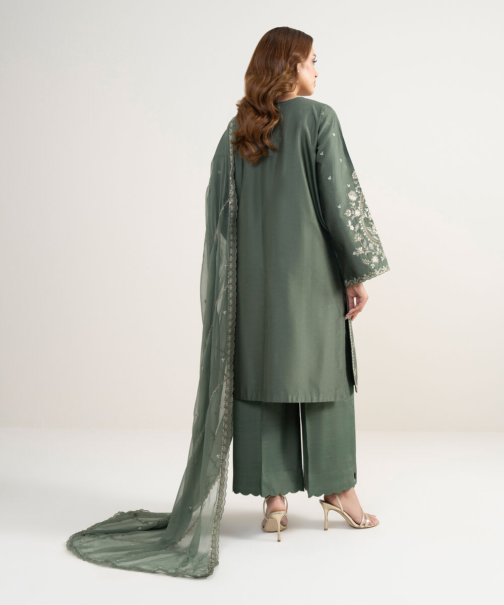 Women's Unstitched Cotton Net Embroidered Green 3 Piece Suit