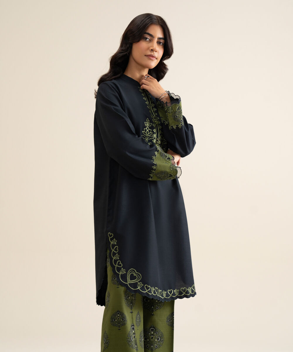 Women's Unstitched Light Khaddar Embroidered Black 2 Piece Suit