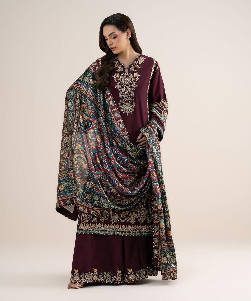 Women's Unstitched Embroidered Blended Raw Silk Maroon 3 Piece Suit
