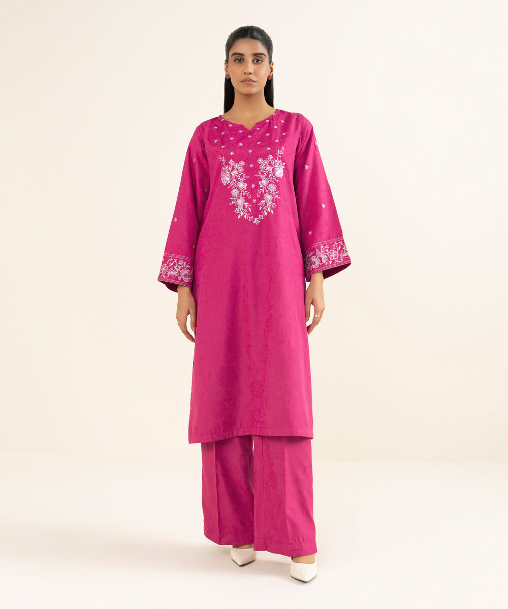 Women's RTW Jacquard Embroidered Pink A-Line Shirt