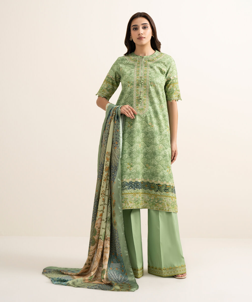 Women's Unstitched Lawn Embroidered Green 3 Piece Suit