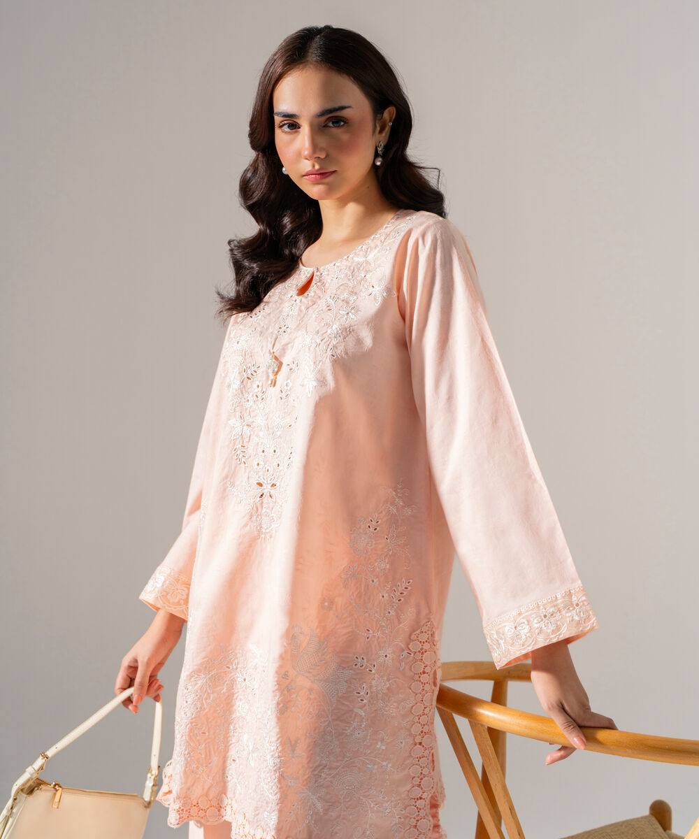 Women's RTW Self Jacquard Solid Embroidered Pink 2 Piece Suit