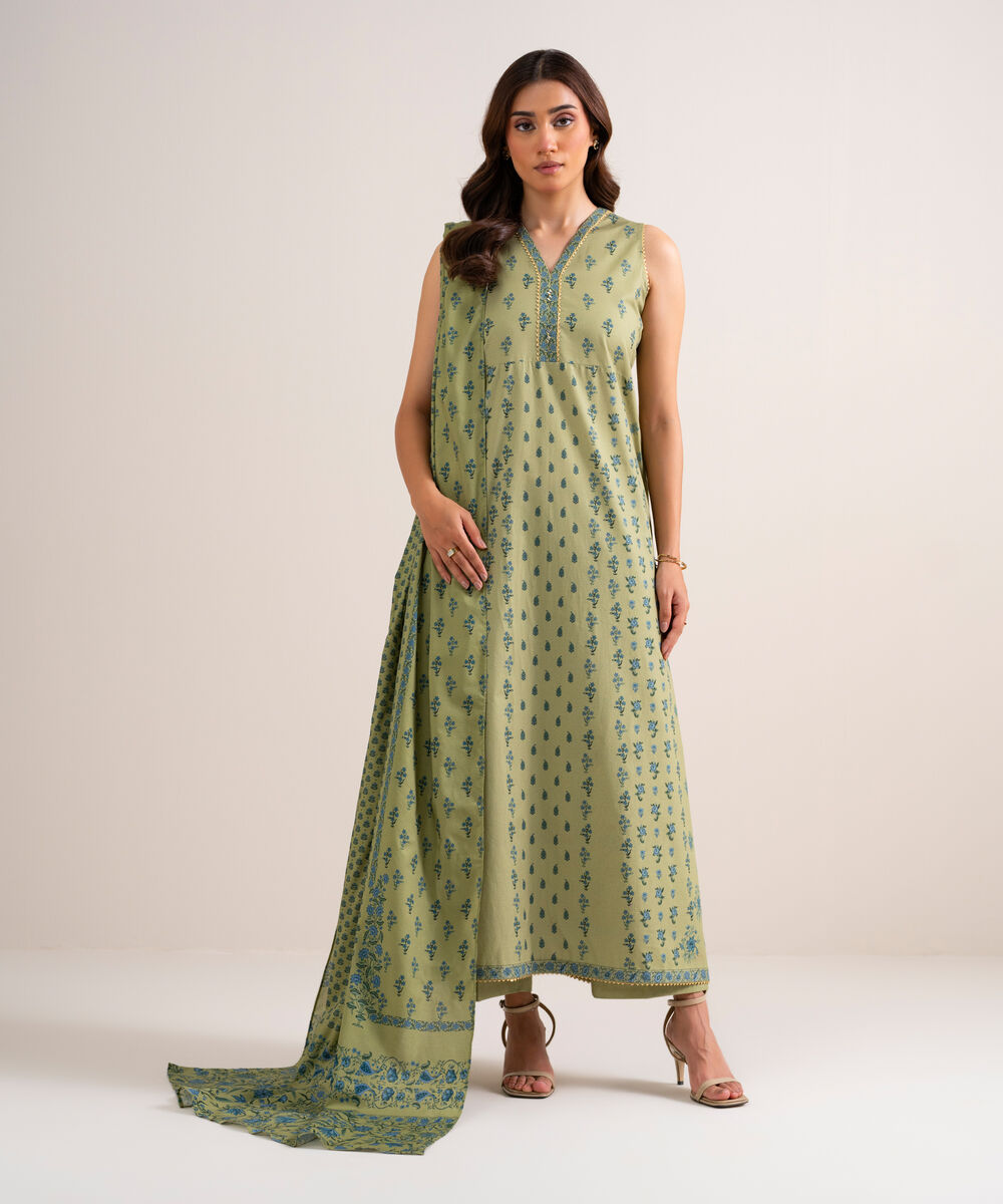 Women's Unstitched Printed Cotton Viscose Green 3 Piece Suit