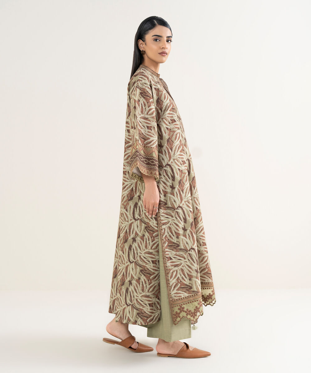 Women's Unstitched Printed Khaddar Brown and Beige 3 Piece Suit