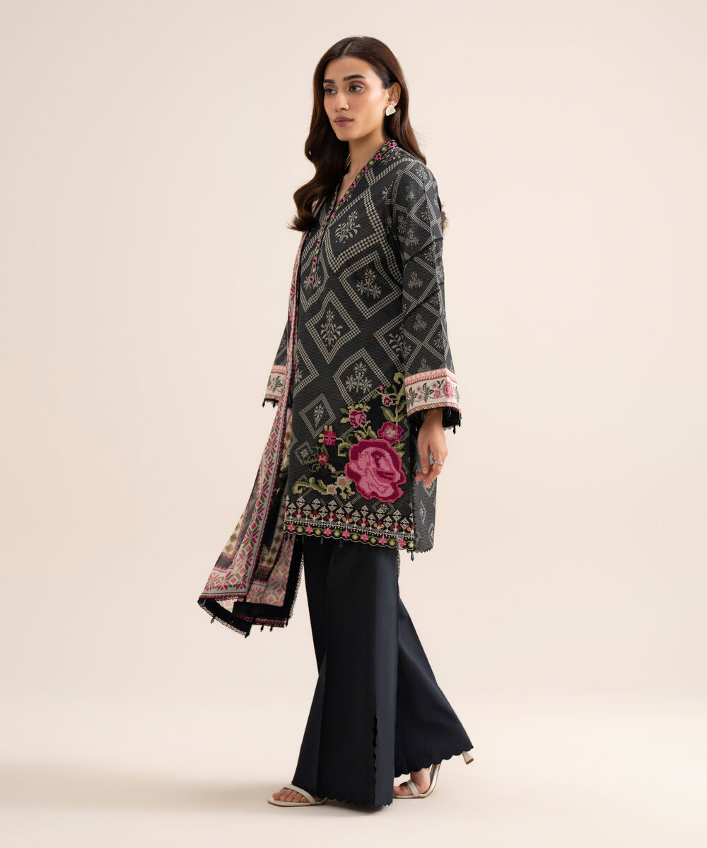 Women's Unstitched Zari Cotton Embroidered Black 3 Piece Suit