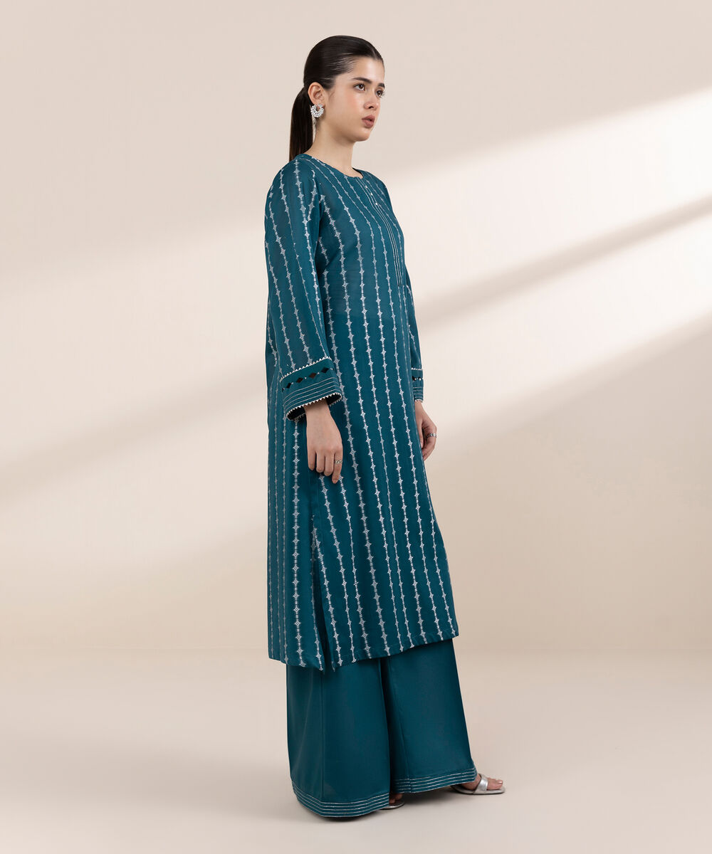 Women's RTW Extra Weft Jacquard Blue Solid A-Line Shirt