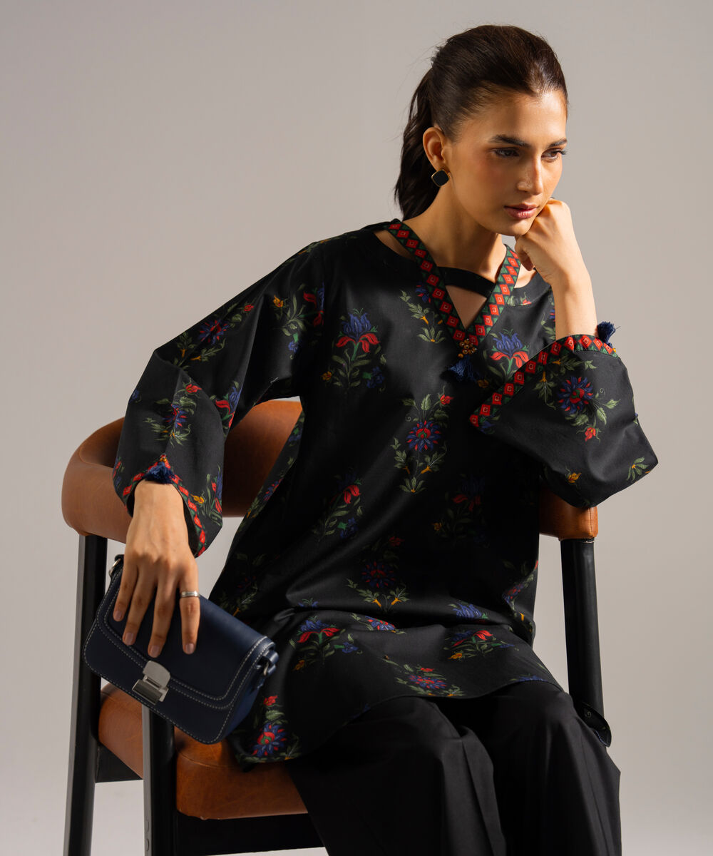 Women's RTW Lawn Printed Black Straight Shirt