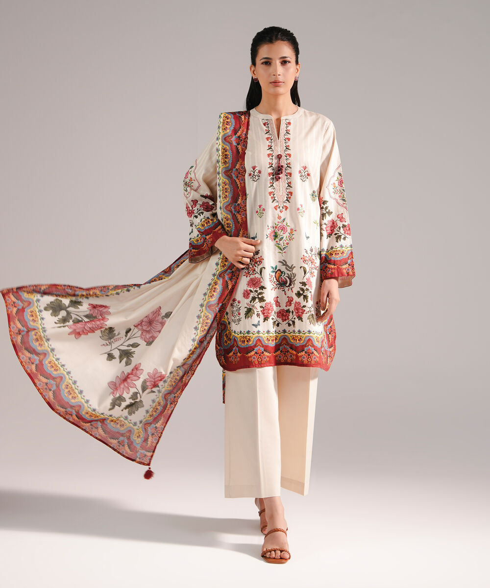 Women's RTW Leno Kara Printed Beige 3 Piece Suit