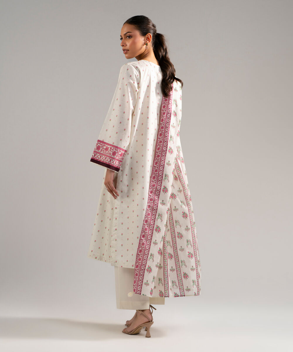 Women's RTW Slub Lawn Printed White 3 Piece Suit