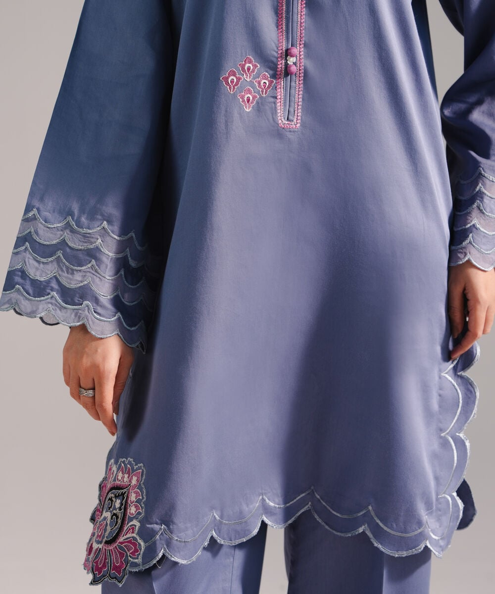 Women's RTW Cotton Satin Embroidered Steel Blue 2 Piece Suit