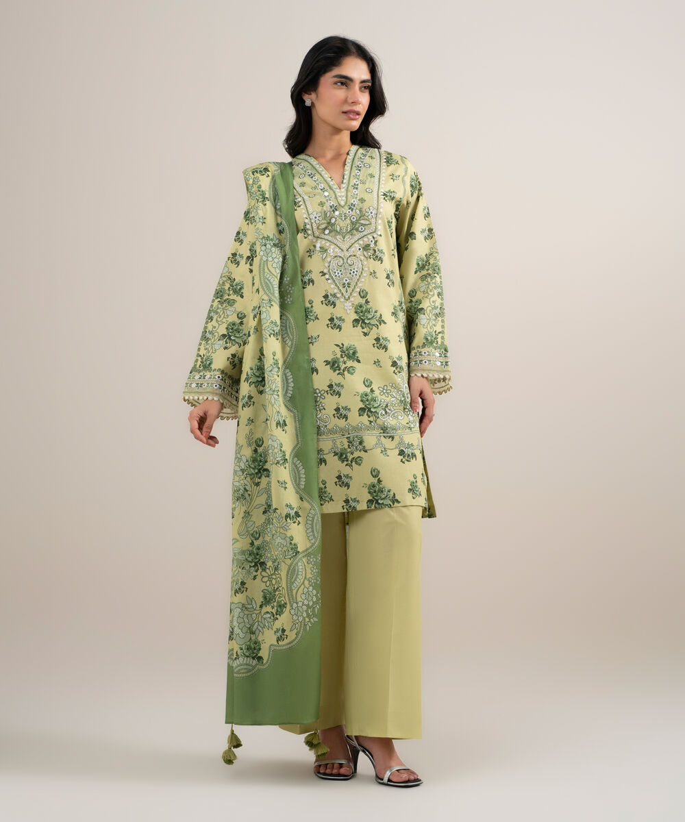 Women's Unstitched Lawn Embroidered Light Yellow 3 Piece Suit