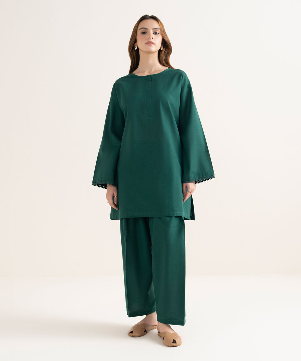 Women's RTW Textured Cotton Solid Boxy Green Shirt