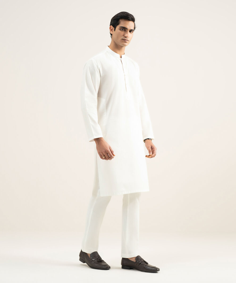 Men's Stitched Cotton Jacquard Off White Kurta