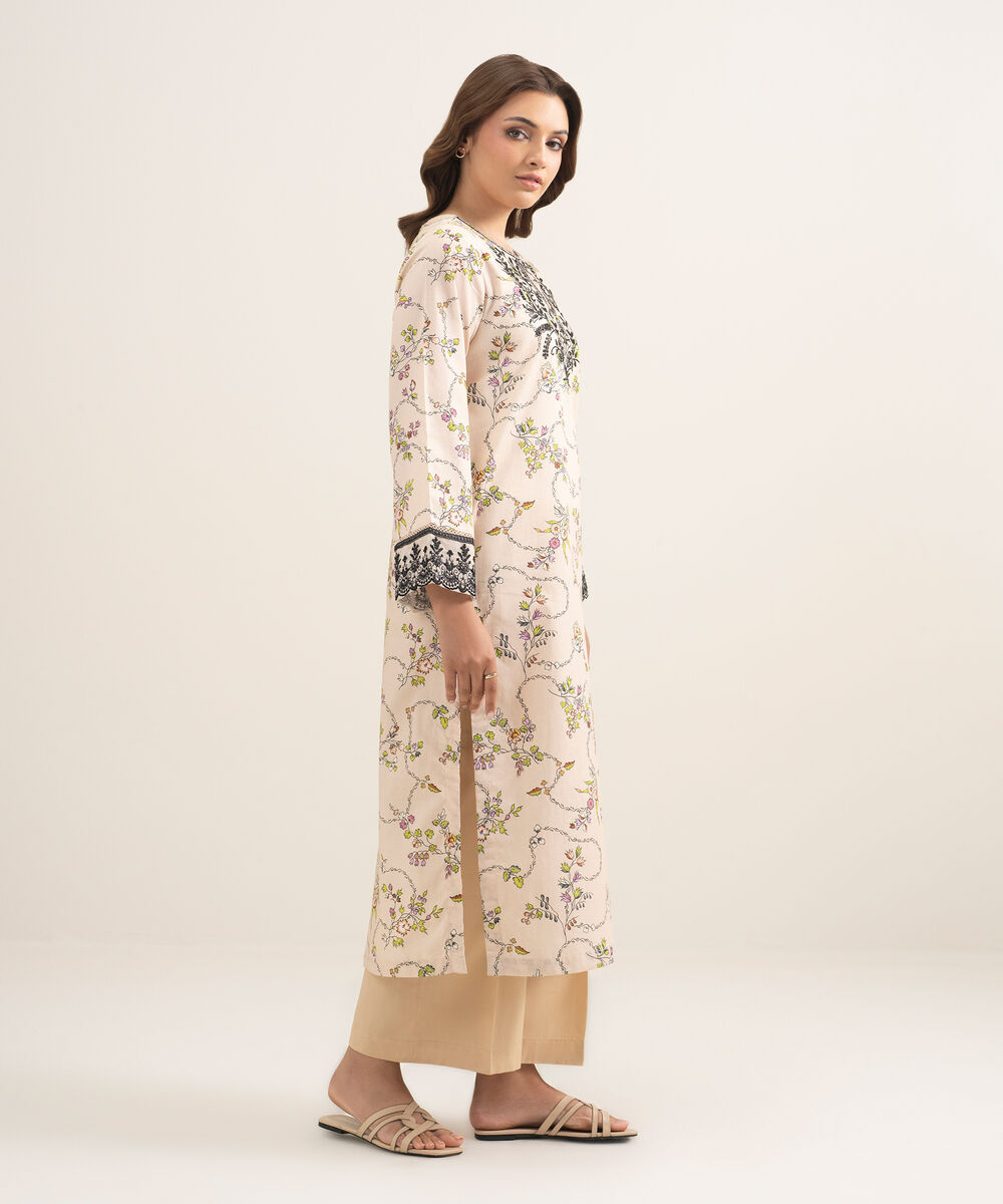 Women's RTW Lawn Embroidered Beige A-Line Shirt