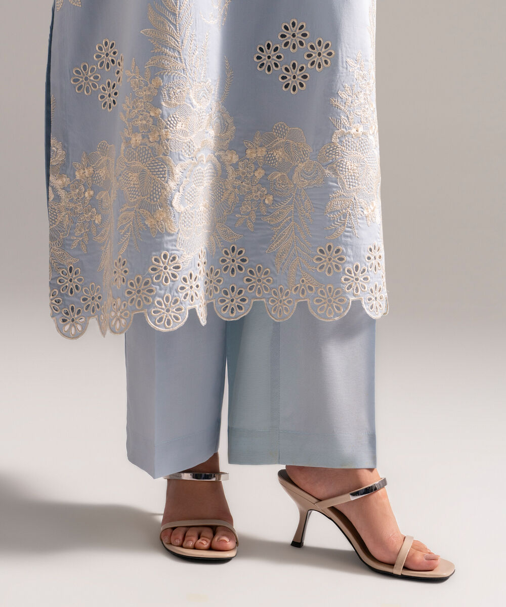 Women's RTW Cotton Satin Embroidered Light Blue 3 Piece Suit