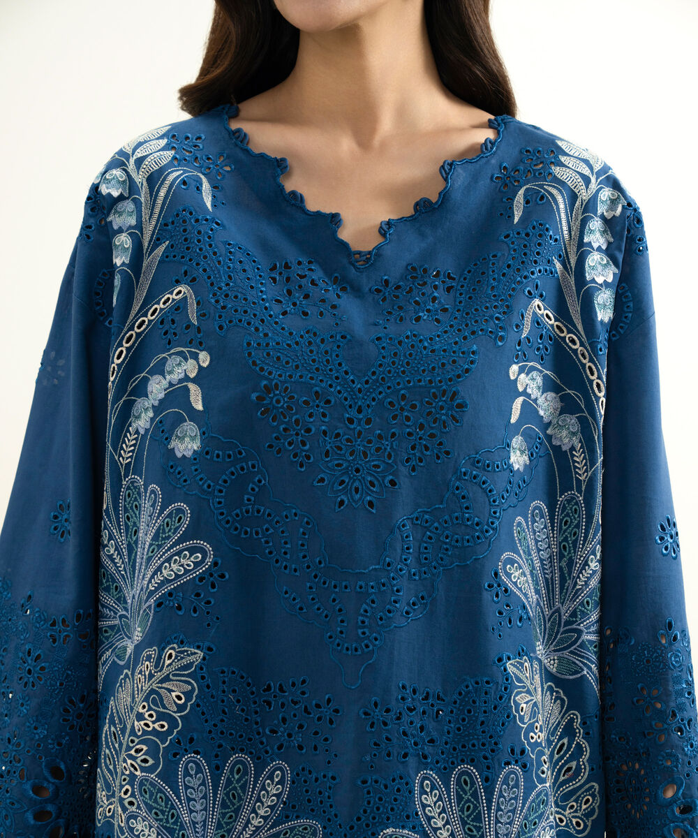 Women's Unstitched Lawn Embroidered Blue 3 Piece Suit